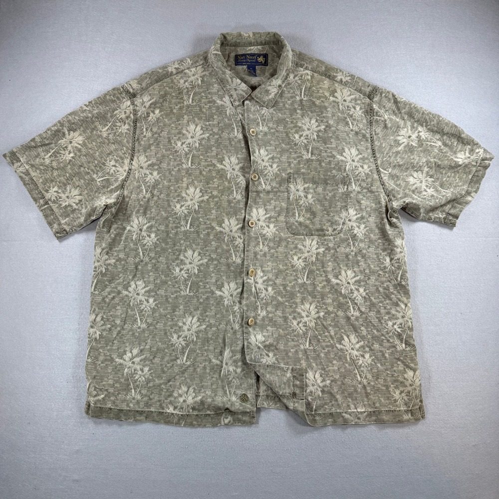 Nat Nast Shirt Mens XL Sage Green 100% Silk Palm Tree Embroidered Hawaiian Camp